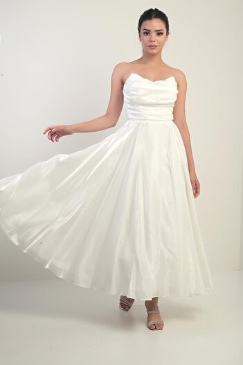 By Saygı Women's Degaje Strapless Neckline Lined Organza Satin Midi Dress