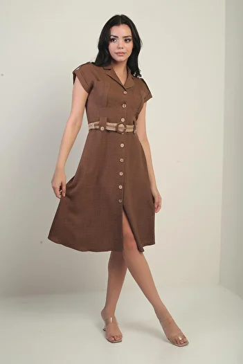 By Saygı Women's Neckline Off-Shoulder Double Pocket Linen Effect Dress with Belt