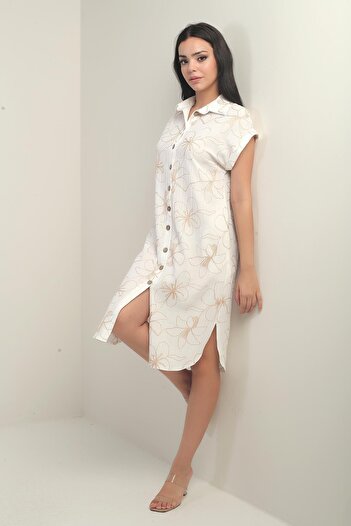 By Saygı Women's Short Sleeve Shirt Dress with Side Slits and Pocket with Lanyard