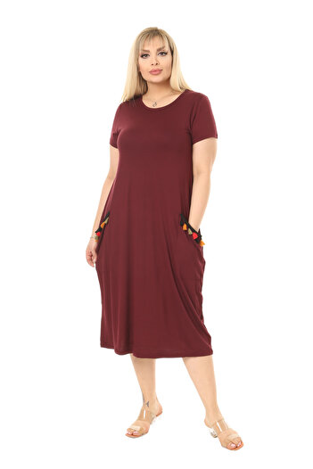 MELSAY Women's Short Sleeve Burgundy Pockets Tassel Detailed Midi Dress