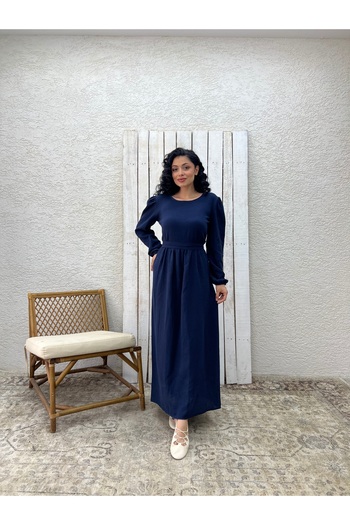KÜÇÜĞÜM BUTİK Hijab Navy Blue Muslin Gathered Waist Dress