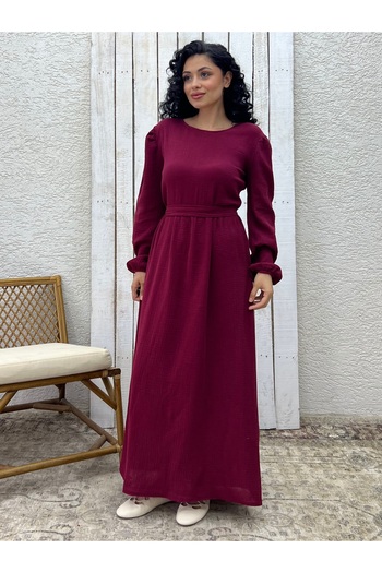 KÜÇÜĞÜM BUTİK Hijab Burgundy Muslin Gathered Waist Dress