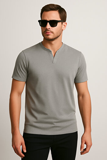 LACİVERTMEN 2124 Henley T-shirt Καφέ με λεπτομέρεια με κουμπιά Basic Casual T-shirt