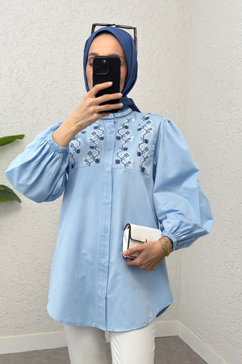 Salih Çelebi Judge Collar Embroidered Shirt 2251 - Baby Blue