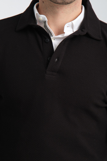 Frappoli Palmas Men's Black Slim Fit Polo Neck Sweatshirt Waffle Patterned Non-Curling Collar