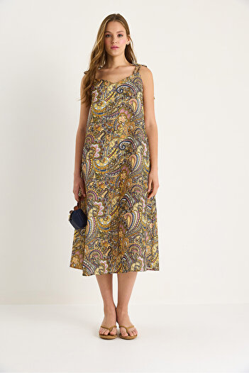 Bianco Lucci Women's Tie Strap V-Neck Pocket Detailed Patterned Midi Dress 25-083 60283458