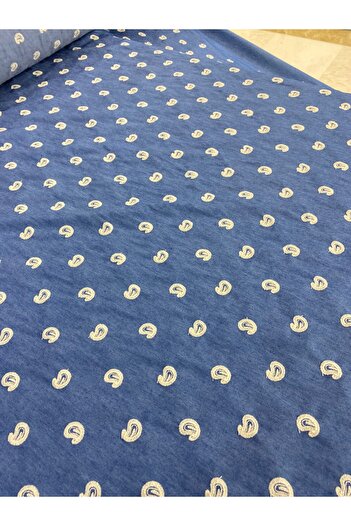 METERİAL Mavi Denim Görünümlü Paisley Nakışlı Kumaş - En 135 cm - Gömlek, Elbise ve Dekoratif Tasarımlar İçin