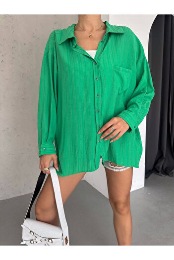 Zerenyus Tree Bark Oversize Pleated Back Shirt Green