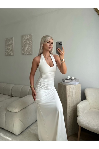 Zora Butik Boyun Bağlamalı Maxi Elbise - BEYAZ