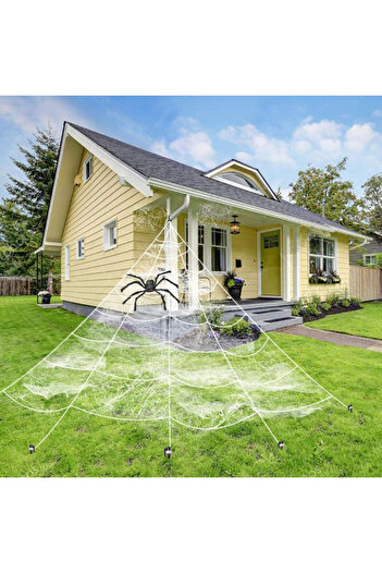 Kohmui Halloween spider web and 6 spiders set, white/black, cotton/plastic