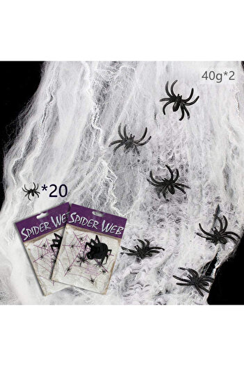 Maxee Set of 2 webs and 20 spiders for Halloween Maxee, cotton/plastic, white/black