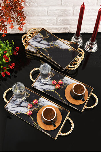 HELVACIOĞLU AKSESUAR 6 Pieces Coffee, Cake, Cake, Baklava, Cookies, Tea Presentation Tray with Handles 12X25 cm Gold