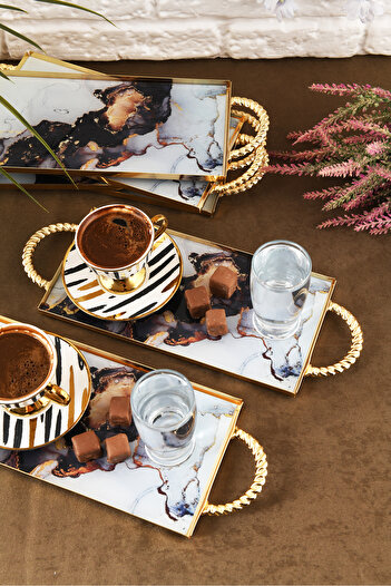 HELVACIOĞLU AKSESUAR 6 Pieces Coffee, Cake, Cake, Baklava, Cookies, Tea Presentation Tray with Handles 12X25 cm Gold