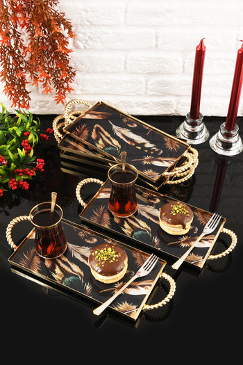 HELVACIOĞLU AKSESUAR 6 Pieces Coffee, Cake, Cake, Baklava, Cookies, Tea Presentation Tray with Handles 12X25 cm Gold