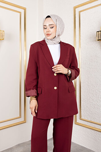 Tesettür Dünyası Gold Blazer Suit Tsd250198 Claret Red