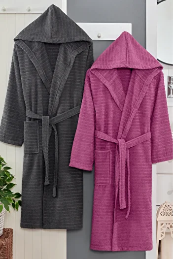 Eponj Home 2-Piece Hooded Bathrobe Nature Anthracite - Plum
