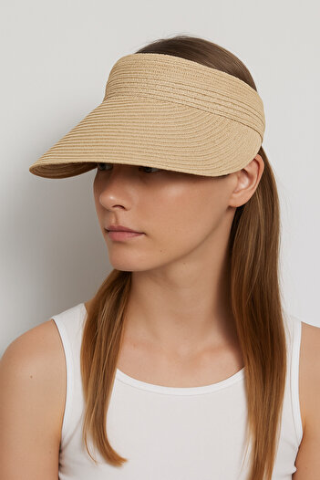 CosmoOutlet Women's Beige Straw Wide Visor Adjustable Summer Sunscreen Visor Beach and Sports Hat