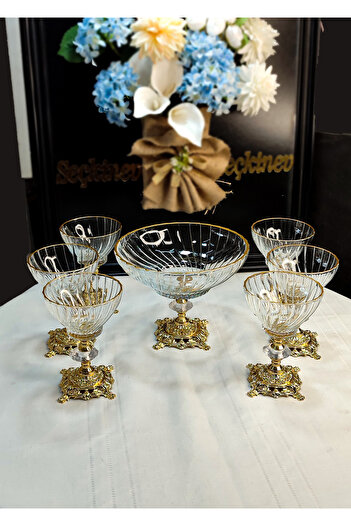 SEÇKİNEV February 7 Piece Gold Footed Ice Cream & Salad & Compote & Bowl Set