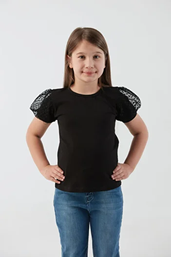 Fulla Moda Basic Sleeve Tulle Detailed Girl's Blouse