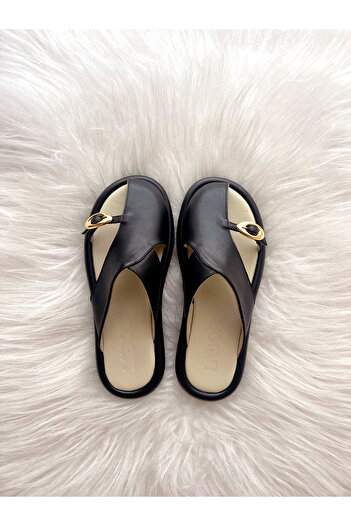 labor Selection Genuine Leather Semi Closed Buckle Slippers Black