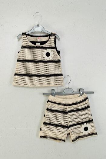 Magu Girl's Cotton Cream Black Striped Daisy Applique Shorts Set