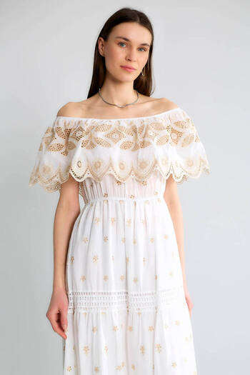 Robin Off-The-Shoulder Lace Detailed Layered Long Dress
