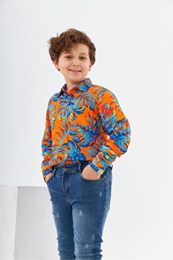 Marka Sensin Kids Boy's Hawaiian Model Long Sleeve Shirt Jeans 2 Piece Set