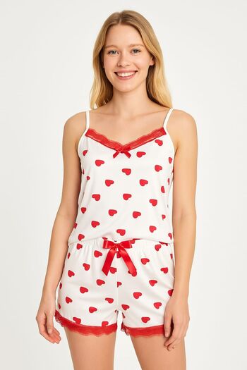 enmodaiçgiyim Women's Shorts Pajama Set with Heart Pattern White String Strap - Soft Milan Fabric Stylish and Comfortable Home Wear