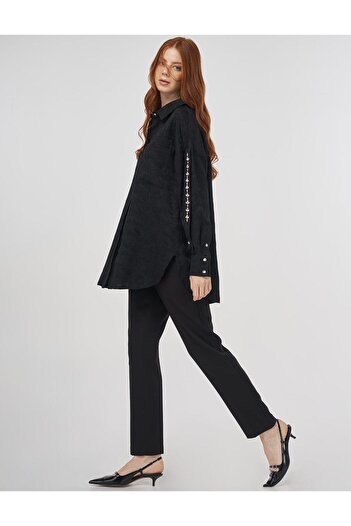 Kayra Viscose Tunic with Embroidery Detail Black
