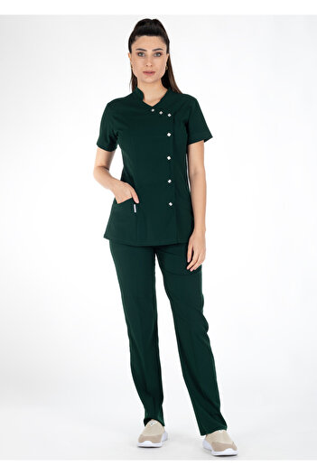 Alsancak Üniforma Luxe Flex Dark Green Lycra Thin Stretch Fabric Doctor Uniform and Nurse Uniform Set