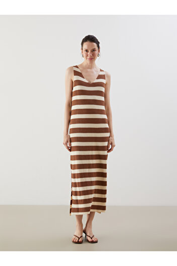 LC Waikiki V-Neck Striped Women's Knitwear Dress