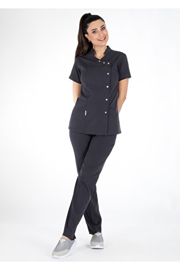 Alsancak Üniforma Luxe Flex Anthracite Lycra Thin Stretch Fabric Doctor Uniform and Nurse Uniform Set