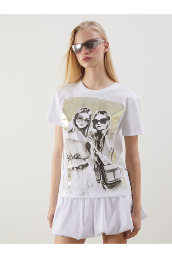 LC Waikiki Bedrucktes Damen-T-Shirt mit Rundhalsausschnitt
