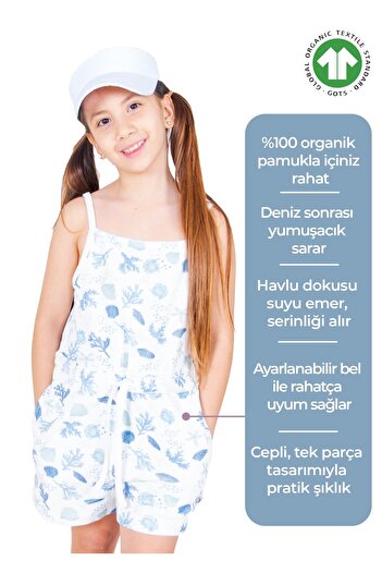 Ozmoz By Mukadder Özden Organic Towel Fabric Strap Summer Girls Shorts Jumpsuit
