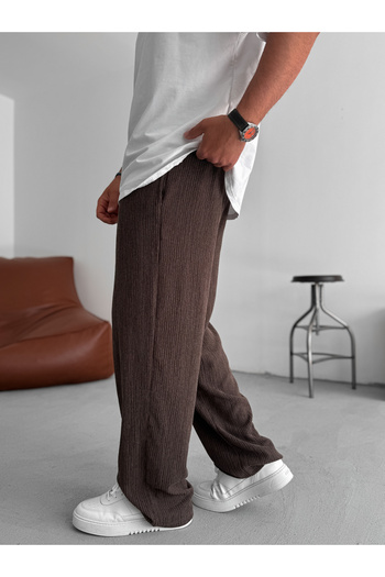 BYBASICMAN Dark Brown Crushed Textured Pipe Leg Trousers Jj-234