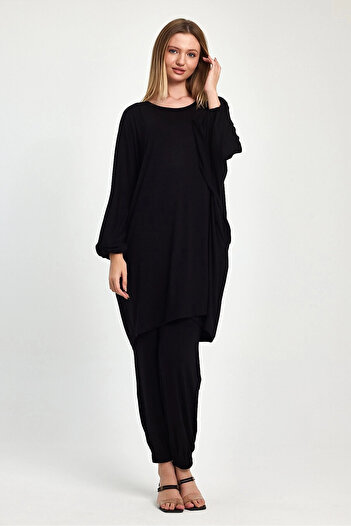 hazelin Women's Black Bat Sleeve Wide Fit Combed Cotton Viscose Double Suit Hzl25S-Vm110291