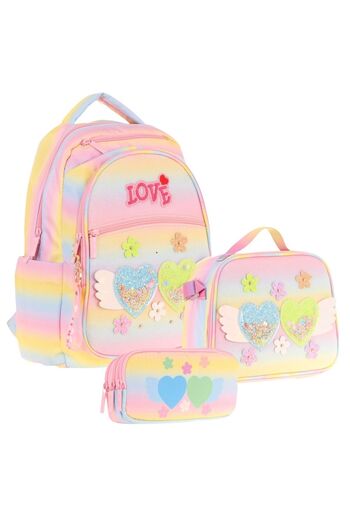 KAUKKO Kids Kız Çocuk Simli Kalp ve Çiçek Detaylı İlkokul 1.2.3.4. Sınıf Üçlü Okul Çanta Seti
