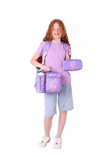 KAUKKO Kids Kız Çocuklara Özel (Mor Sarı - Unicorn Detaylı) Üçlü Okul Çantası Seti