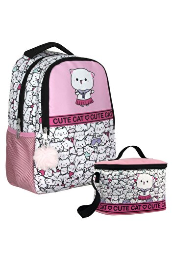 Cennec Cute Cats Patterned Girl's Pink and White Double Bag and Nutrition Set - Setumt5012B