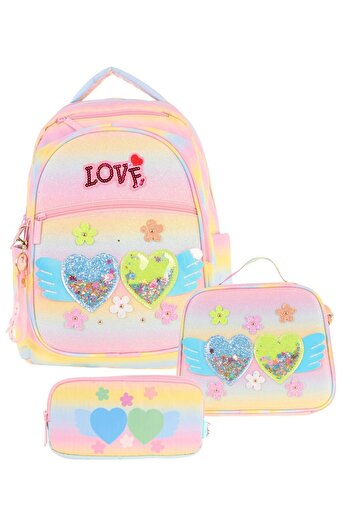 KAUKKO Kids Kız Çocuk Simli Kalp ve Çiçek Detaylı İlkokul 1.2.3.4. Sınıf Üçlü Okul Çanta Seti