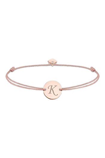 dalimag Adjustable bracelet with round coin and heart, rose gold, engraved letter K, beige cord