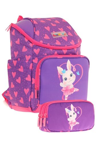 KAUKKO Fuchsia Purple, Heart Rabbit, Girls' School Bag and Pencil Bag Set - L5246+L8246