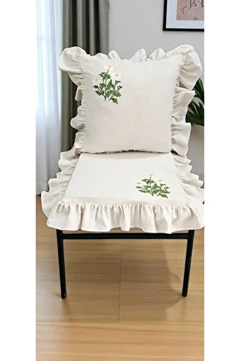 shules collection Handmade Buldan Washed Linen Chair Mattress with Daisy Print and Frill