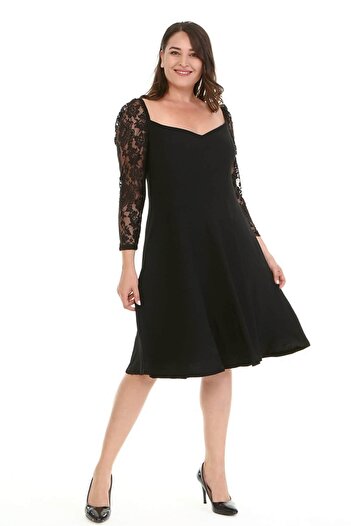 MYLİNE Square Neck Sleeves Lace Dress