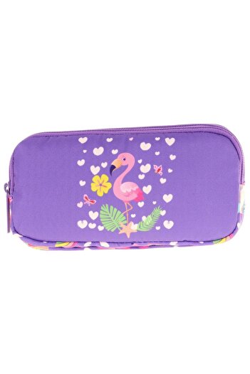 KAUKKO Kids Three Compartment Purple Pink, Flamingo, Girls' School Pen Holder - L8226