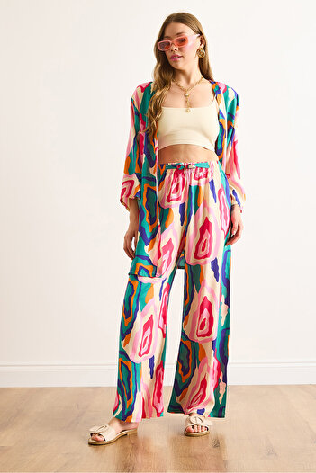 Olalook Women's Pink Blue Elastic Waist Patterned Viscose Palazzo Trousers Pnt-19000356