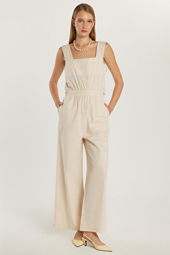 Tudors Women's Slim Fit Slim Fit Elastic Waist Wide Leg Strap Collar Beige Jumpsuit