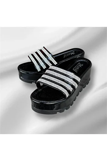 İpek Silk Women's Black Patent Leather Wedge-Heeled Stone Platform Soft Orthopedic Sole Slippers