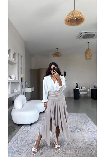 Buket Teke Beige Asymmetrical Waist Corset Effect Skirt
