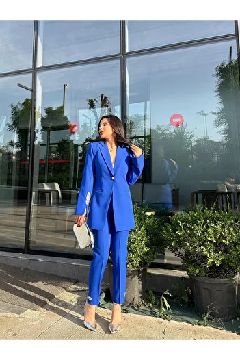 LOBOLIC Women's Stone Detailed Jacket Pants Suit- Bottom Top Set